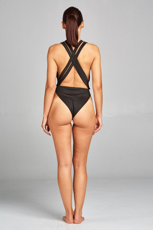 Lace CrissCross Back Body suit, Black